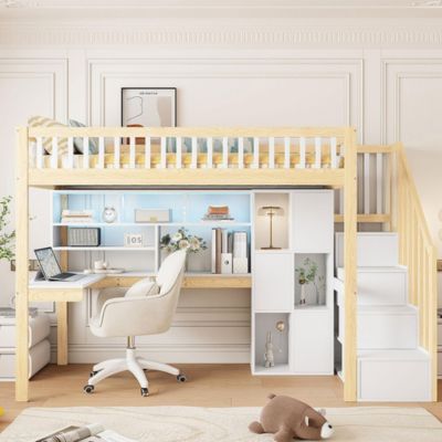 Lit mezzanine avec éclairage LED et bureau,90x200cm,blanc et naturel,échelle et étagères de rangement