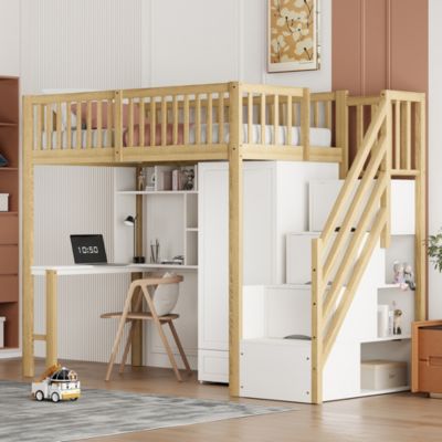 Lit Mezzanine Bois 90x200 cm avec Armoire, Bureau et Escalier de Rangement, Lit Multifonction Blanc - Bois Naturel