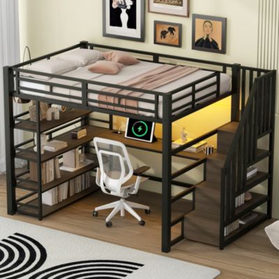 Lit Mezzanine Double 140x200 cm - Éclairage LED et Escaliers Sécurisés, Bureau Intégré et Rangements, sans Matelas - Métal Noir