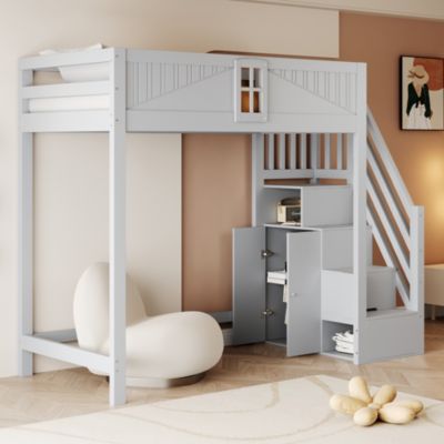 Lit mezzanine en bois massif 90x200 cm - échelle de rangement sécurisée - barrière de sécurité - gris (sans matelas)