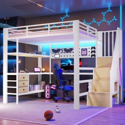Lit mezzanine en métal 140x200 cm - 3 tiroirs - Table intégrée - Prise électrique + LED - blanc (sans matelas)