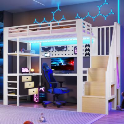 Lit mezzanine en métal 90x200 cm - 3 tiroirs - Table intégrée - Prise électrique - Éclairage LED - Blanc (sanas matelas)