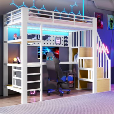 Lit mezzanine en métal 90x200 cm - 3 tiroirs - Table intégrée - Prise électrique - Éclairage LED - Blanc (sanas matelas)