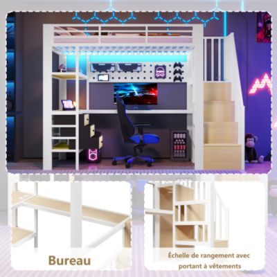 Lit mezzanine en métal 90x200 cm - 3 tiroirs - Table intégrée - Prise électrique - Éclairage LED - Blanc (sanas matelas)