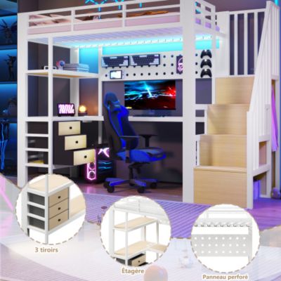 Lit mezzanine en métal 90x200 cm - 3 tiroirs - Table intégrée - Prise électrique - Éclairage LED - Blanc (sanas matelas)