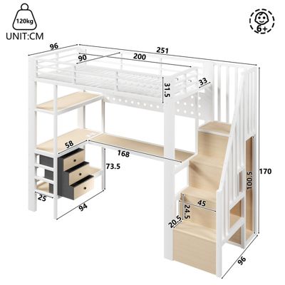 Lit mezzanine en métal 90x200 cm - 3 tiroirs - Table intégrée - Prise électrique - Éclairage LED - Blanc (sanas matelas)