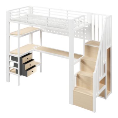 Lit mezzanine en métal 90x200 cm - 3 tiroirs - Table intégrée - Prise électrique - Éclairage LED - Blanc (sanas matelas)
