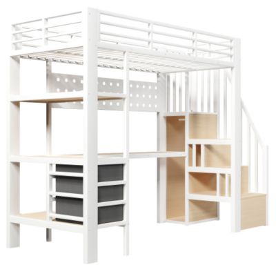 Lit mezzanine en métal 90x200 cm - 3 tiroirs - Table intégrée - Prise électrique - Éclairage LED - Blanc (sanas matelas)
