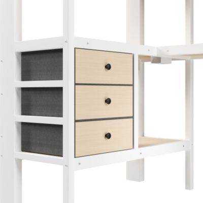 Lit mezzanine en métal 90x200 cm - 3 tiroirs - Table intégrée - Prise électrique - Éclairage LED - Blanc (sanas matelas)