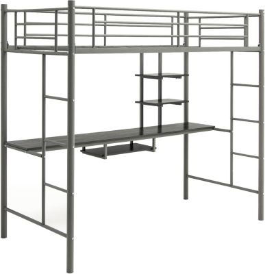 Lit Mezzanine en Métal avec Bureau Lit Superposé 2 en 1 avec Poste de Travail étagères de Rangement 2 échelles Argent