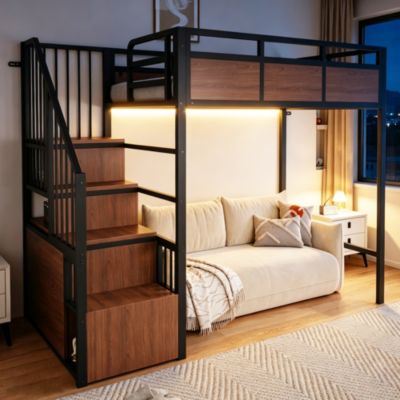 Lit mezzanine en métal noir 90x200 cm, panneaux en bois, haute rambarde, échelle réversible avec rangement et éclairage LED.