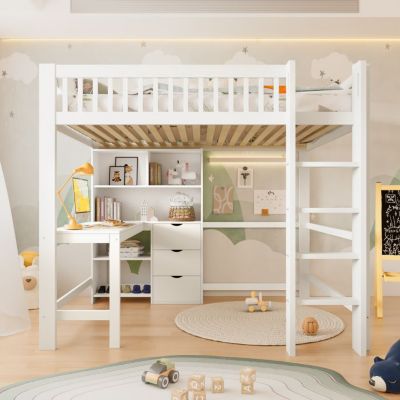 Lit mezzanine enfant 140 x 200 cm blanc avec bureau, 3 tiroirs et étagères - Pin massif