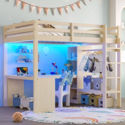Lit mezzanine enfant 140x200 avec bureau,éclairage LED et port USB,étagères,it superposé,cadre de lit mezzanine 1 place,Naturel