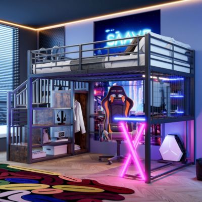 Lit mezzanine enfant 140x200 cm avec LED,échelle de rangement, bureau,armoire,étagères,lit superposé,cadre de lit,Noir