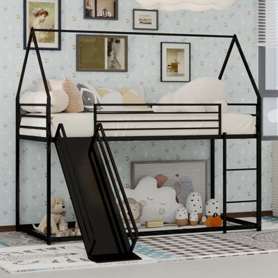 Lit Mezzanine Enfant 90x190 cm - Lit Maison avec Toboggan et Échelle, Métal Noir, Sans Matelas