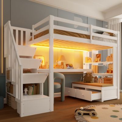 Lit mezzanine enfant 90x200 avec bureau,LED,étagères,2 tiroirs,escalier de rangement,it superposé,cadre de lit mezzanine,blanc