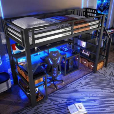 Lit Mezzanine Enfant 90x200 cm Avec Bureau, LED, Escalier de Rangement, Garde-Corps et Ports USB, Sans Matelas, Métal + MDF, Noir