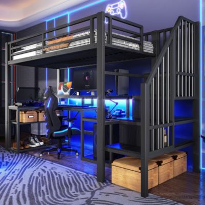 Lit Mezzanine Enfant 90x200 cm Avec Bureau, LED, Escalier de Rangement, Garde-Corps et Ports USB, Sans Matelas, Métal + MDF, Noir