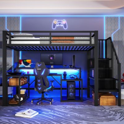 Lit Mezzanine Enfant 90x200 cm Avec Bureau, LED, Escalier de Rangement, Garde-Corps et Ports USB, Sans Matelas, Métal + MDF, Noir