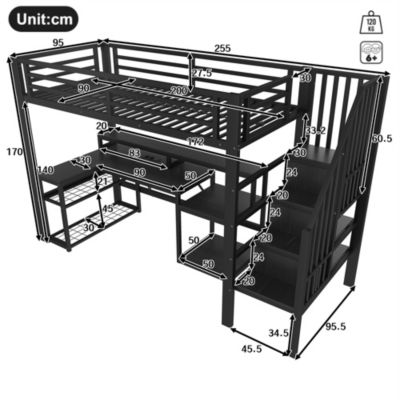 Lit Mezzanine Enfant 90x200 cm Avec Bureau, LED, Escalier de Rangement, Garde-Corps et Ports USB, Sans Matelas, Métal + MDF, Noir
