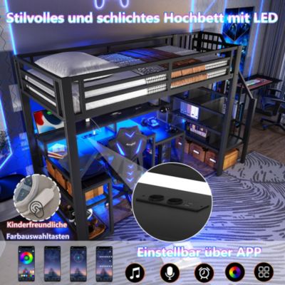 Lit Mezzanine Enfant 90x200 cm Avec Bureau, LED, Escalier de Rangement, Garde-Corps et Ports USB, Sans Matelas, Métal + MDF, Noir
