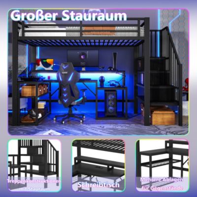 Lit Mezzanine Enfant 90x200 cm Avec Bureau, LED, Escalier de Rangement, Garde-Corps et Ports USB, Sans Matelas, Métal + MDF, Noir
