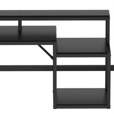Lit Mezzanine Enfant 90x200 cm Avec Bureau, LED, Escalier de Rangement, Garde-Corps et Ports USB, Sans Matelas, Métal + MDF, Noir