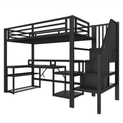 Lit Mezzanine Enfant 90x200 cm Avec Bureau, LED, Escalier de Rangement, Garde-Corps et Ports USB, Sans Matelas, Métal + MDF, Noir