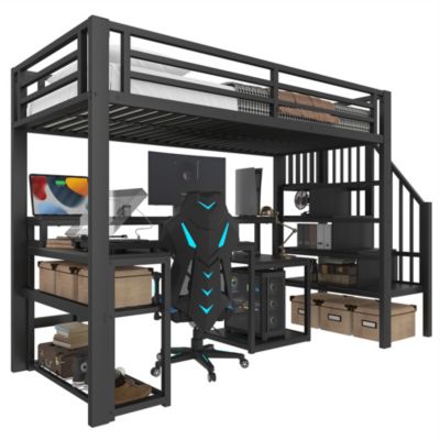 Lit Mezzanine Enfant 90x200 cm Avec Bureau, LED, Escalier de Rangement, Garde-Corps et Ports USB, Sans Matelas, Métal + MDF, Noir