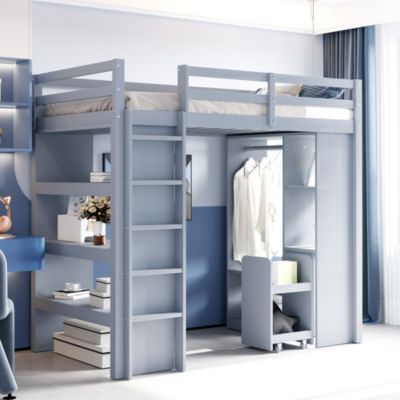 Lit Mezzanine enfant 90x200 cm en Bois Gris avec Étagères, Porte-Vêtements & Chariot de Rangement Amovible - Multifonction - Gris