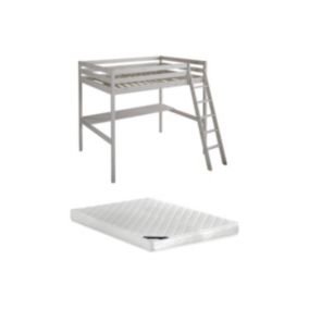 Lit mezzanine GEDEON II - 140 x 190 cm - Avec bureau - Pin massif - Blanchi + matelas