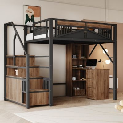 Lit Mezzanine Métal 140x200 cm avec Fenêtre et Garde-Corps - Noir, Sans Matelas