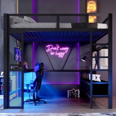 Lit mezzanine métal 140x200 cm, USB/LED, bureau, armoire, 3 tiroirs - noir