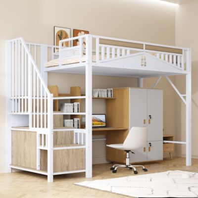 Lit Mezzanine Métal 90x200 cm avec Fenêtre Sécurisée et Escalier de Rangement - Métal Blanc