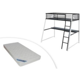 Lit mezzanine MALICIA - 90 x 190 cm - bureau intégré - Noir et blanc + matelas