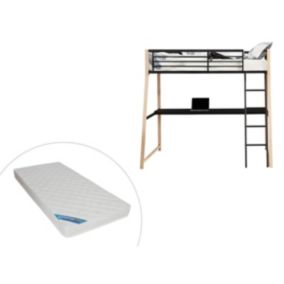 Lit mezzanine MALICIA - 90 x 190 cm - bureau intégré - Noir et chêne + matelas