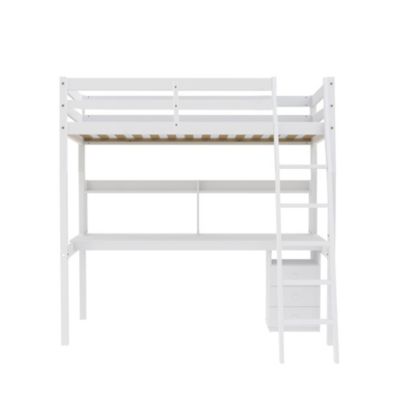 Lit mezzanine STUDIO 90x190 + 1 sommier + caisson 3 tiroirs + bureau + étagère / Blanc