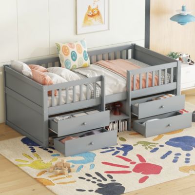 Lit mi-hauteur 90x200 cm avec 4 tiroirs et échelle - barrière de sécurité antichute - pin et MDF - gris - sans matelas