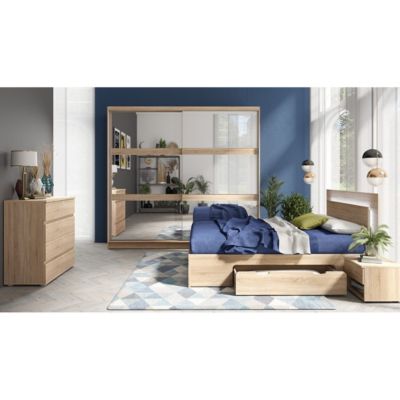 Lit NOFI 160 x 200 cm avec sommier et 2 tiroirs de rangement - coloris chene sonoma