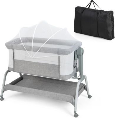 Lit Parapluie avec Inclinaison 6 Hauteurs Réglables Berceau de Chevet avec Matelas Moustiquaire Gris