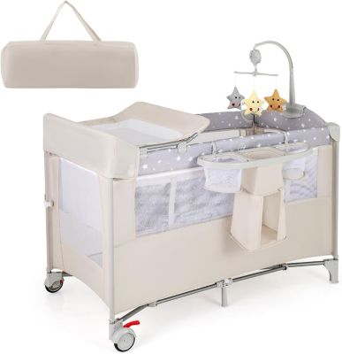 Lit Parapluie Bébé avec Matelas 5 en 1 Berceau Bébé Evolutif avec Table à Langer Jouets Roues Verrouillables Lit de Voyage Beige