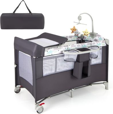 Lit Parapluie Bébé avec Matelas 5 en 1 Berceau Bébé Evolutif avec Table à Langer Jouets Roues Verrouillables Lit de Voyage Gris