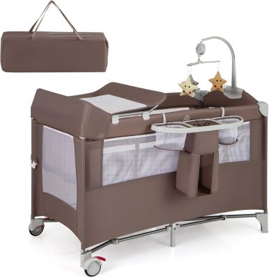 Lit Parapluie Bébé avec Matelas 5 en 1 Berceau Bébé Evolutif avec Table à Langer Jouets Roues Verrouillables Lit de Voyage Marron