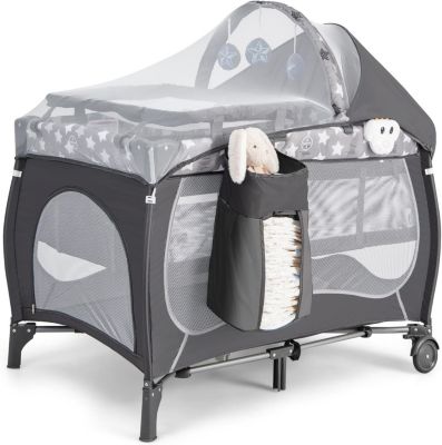 Lit Parapluie Bébé avec Matelas Boîte à Musique 3 Jouets Sac de Transport Sac Latéral Gris