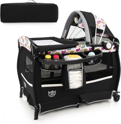 Lit Parapluie Bébé Pliable avec Matelas, avec Table à Langer, Boîte à Musique et Roues, avec Sac pour 0-3 Ans (Noir-Blanc)