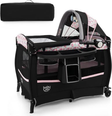 Lit Parapluie Bébé Pliable avec Matelas,avec Table à Langer, Boîte à Musique et Roues, avec Sac pour 0-3 Ans (Noir-Rose)