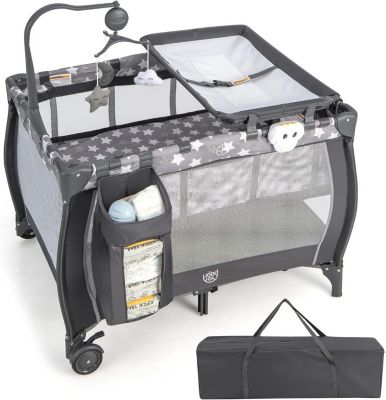 Lit Parapluie Bebe Pliable et Portable avec Grande Contenance avec Jouets Roues avec Frein Boîte a Musique Flash Gris