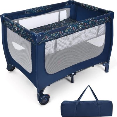 Lit Parapluie de Bebe a Double Couche avec 2 Roulettes Freins Berceau de Bebe avec Cotes en Maille et Matelas Confortable Bleu