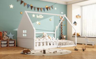 Lit Plat 140x200cm, Forme Maison, Rampe, Pin, Blanc