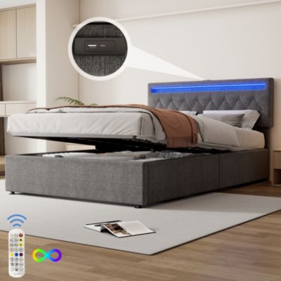 Lit Plat 160x200cm, Rembourré, LED Ambiant, USB, Grande Capacité de Rangement, Blanc